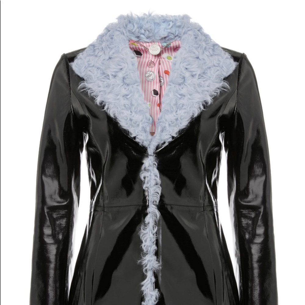Charlotte Simone patent leather blue furry jacket